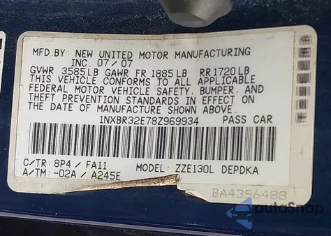 2008 Toyota Corolla Ce z USA, uszkodzony, nr VIN 1NXBR32E78Z969934